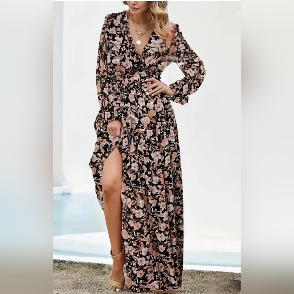 Floral Black & Tan Dress - Picture 2 of 7